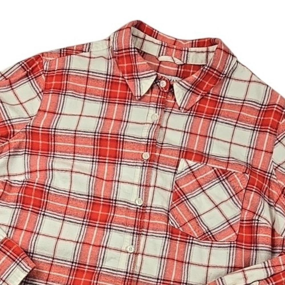 Ava & Viv 1X Plaid Button Down Shirt Womens Red White Silver Metallic Sparkle